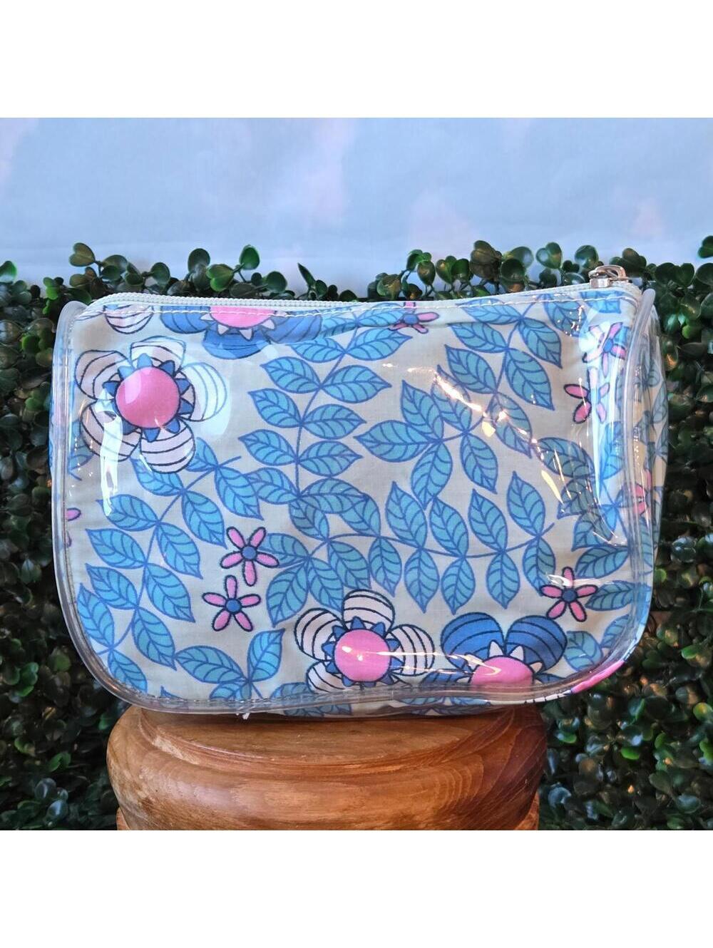 Vintage Floral Patterned Small Cosmetic Case Blue and Pink Flowers